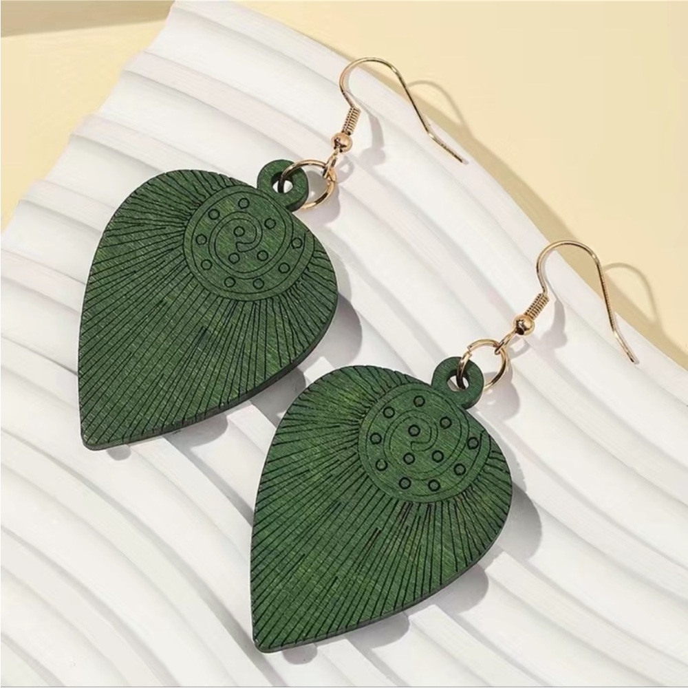 Green Wooden Bohemian Earrings